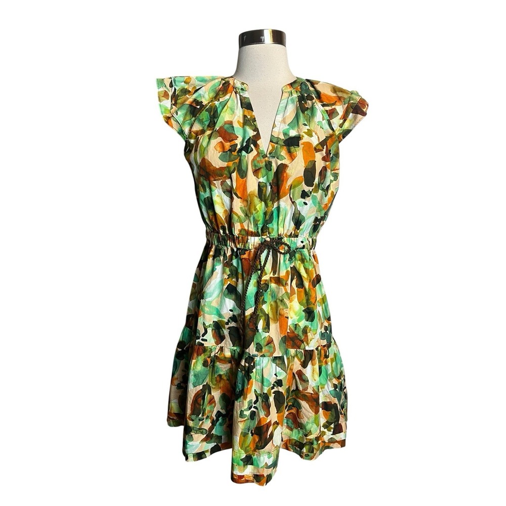 Marie Oliver Mini Dress XS Green Watercolor V Neck Tiered Puff Cap Sleeve